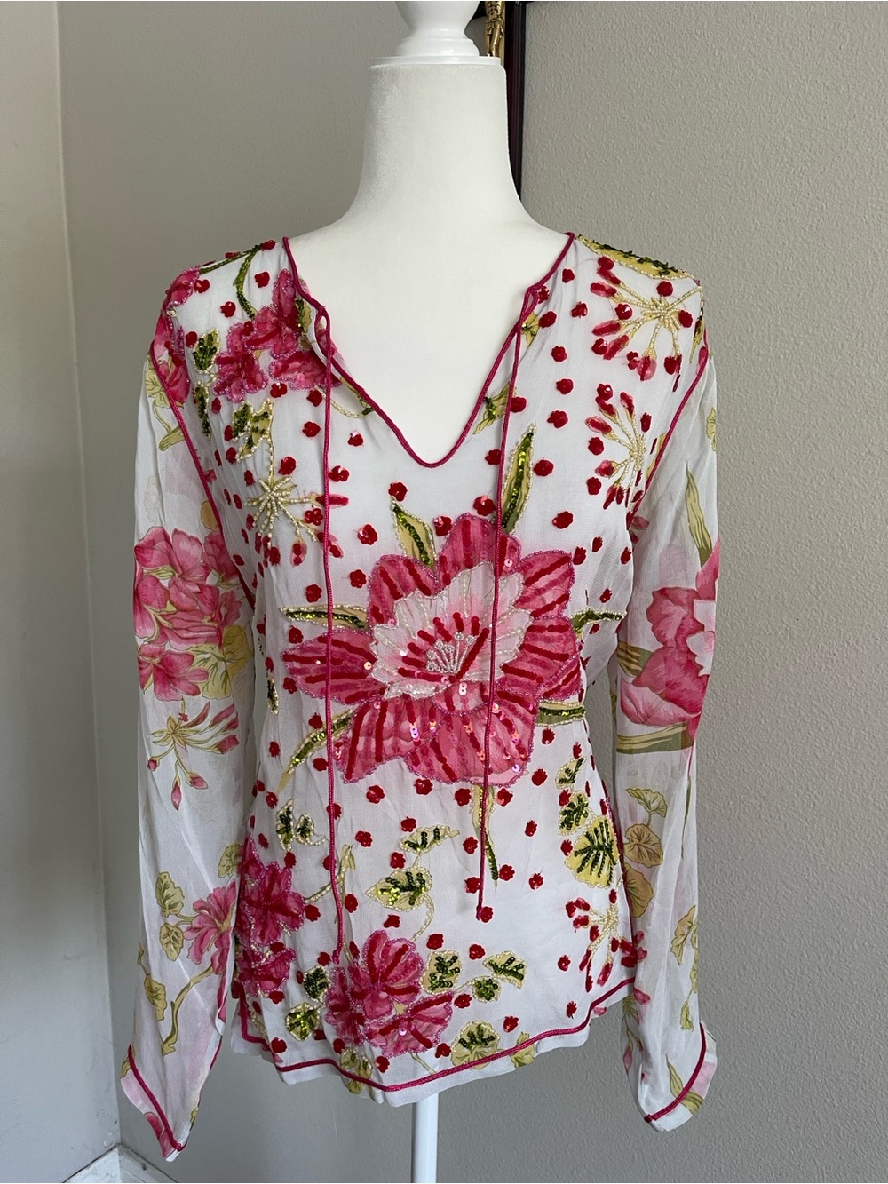 Christina White Sheer Blouse with Pink Floral Embroidery and Gold Accents